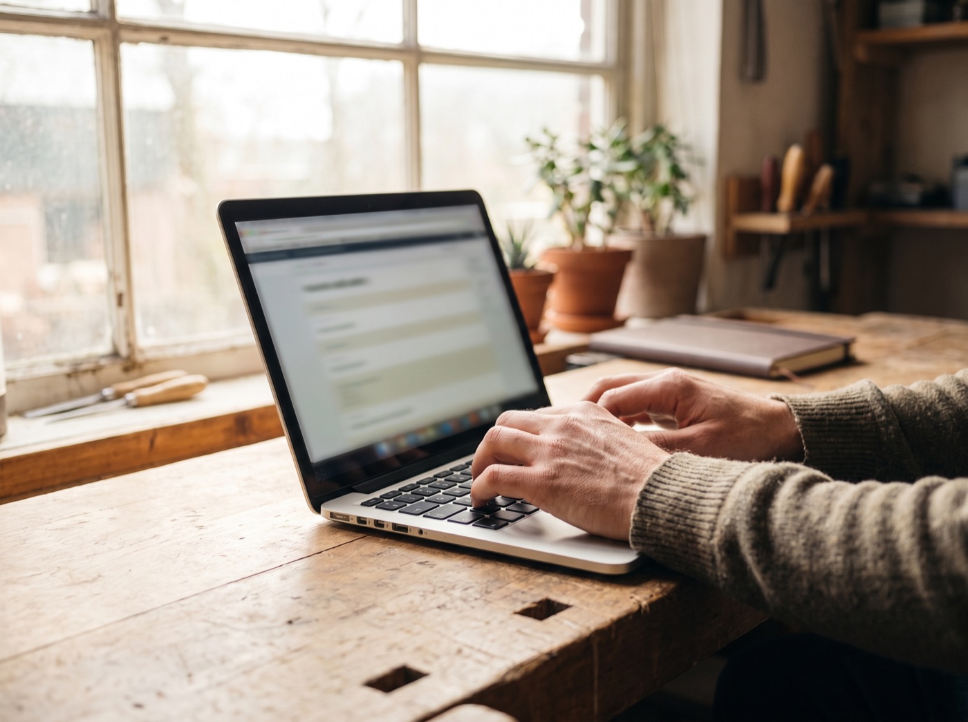 Ondernemer typt op een laptop in een lichte werkplaats met daglicht
