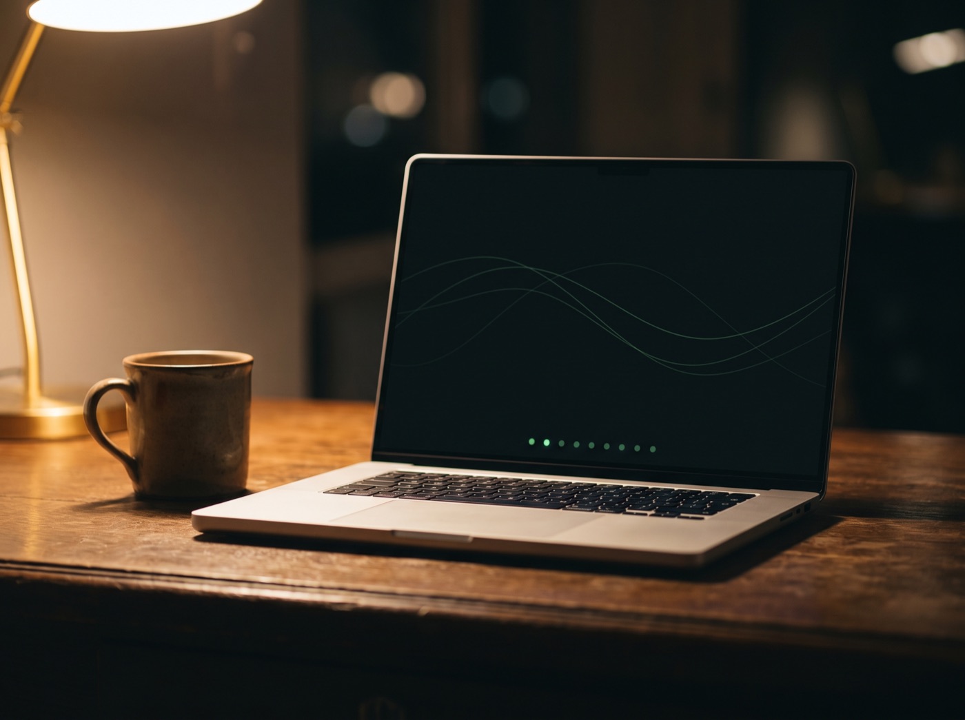 Laptop met monitoringgrafieken op een houten bureau, 's avonds bij lamplicht