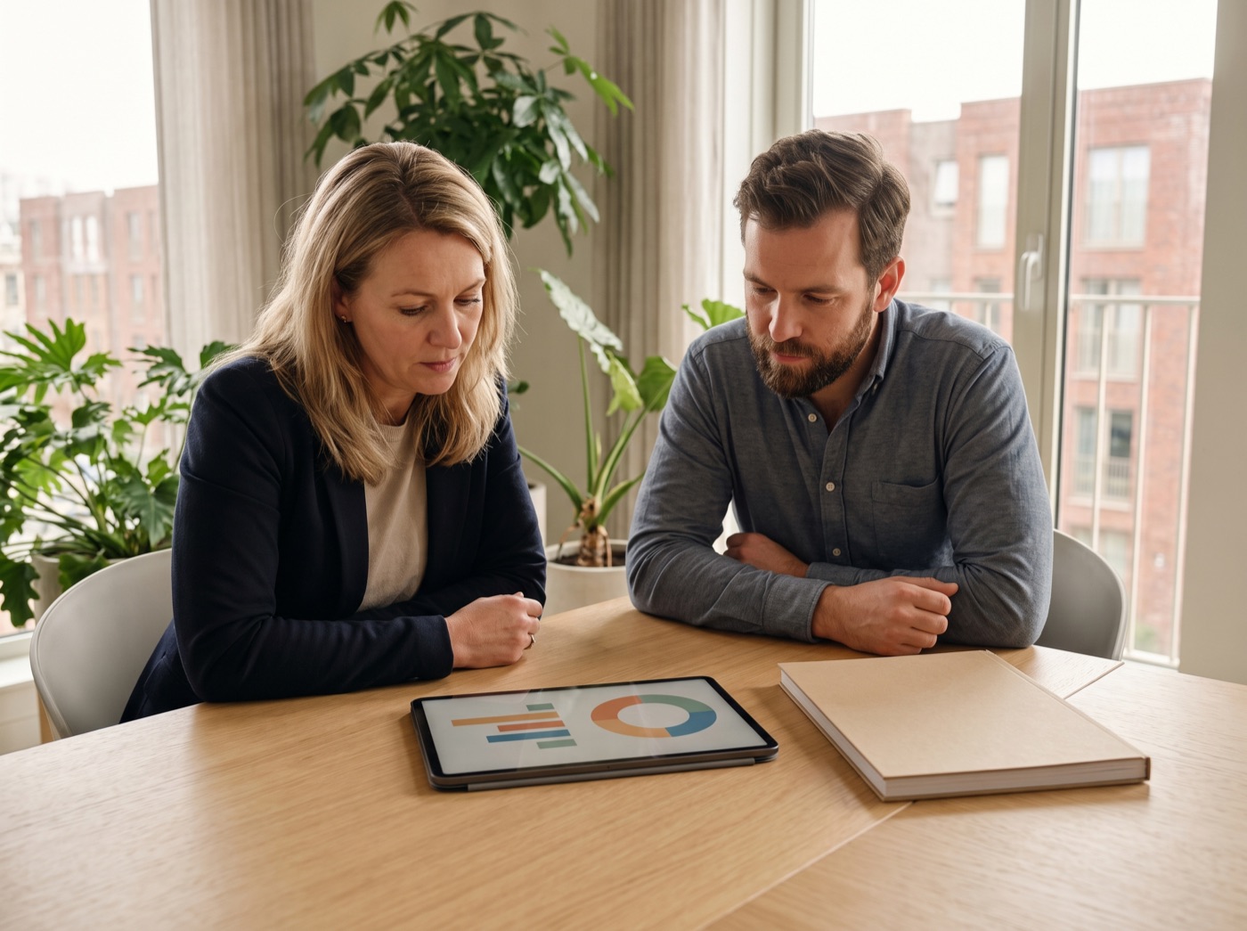Twee collega's bespreken een compliance-rapportage op een tablet