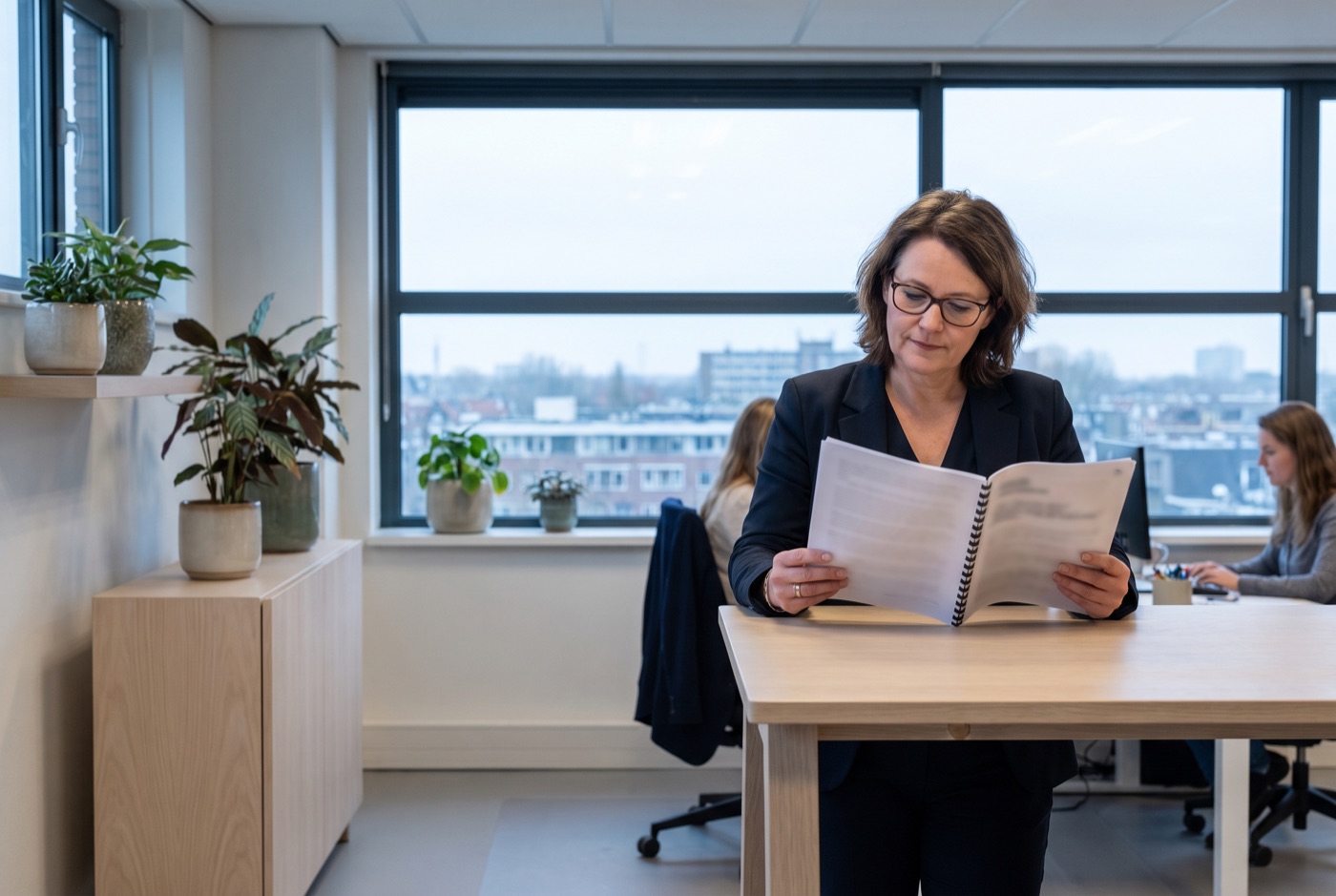 Manager leest staand een beleidsdocument door in een licht, modern kantoor